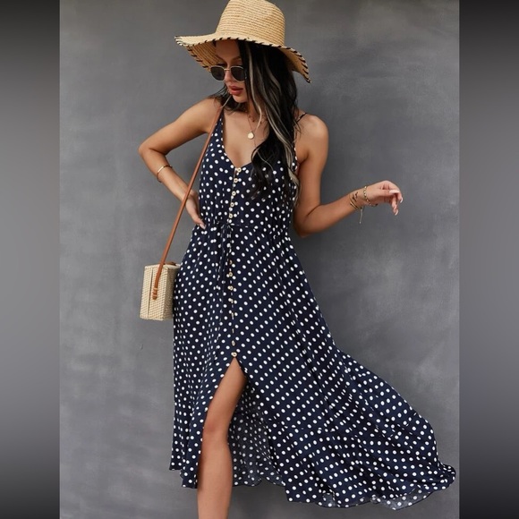 Boho polka dots print button detail drawstring waist cami dress - Picture 4 of 16